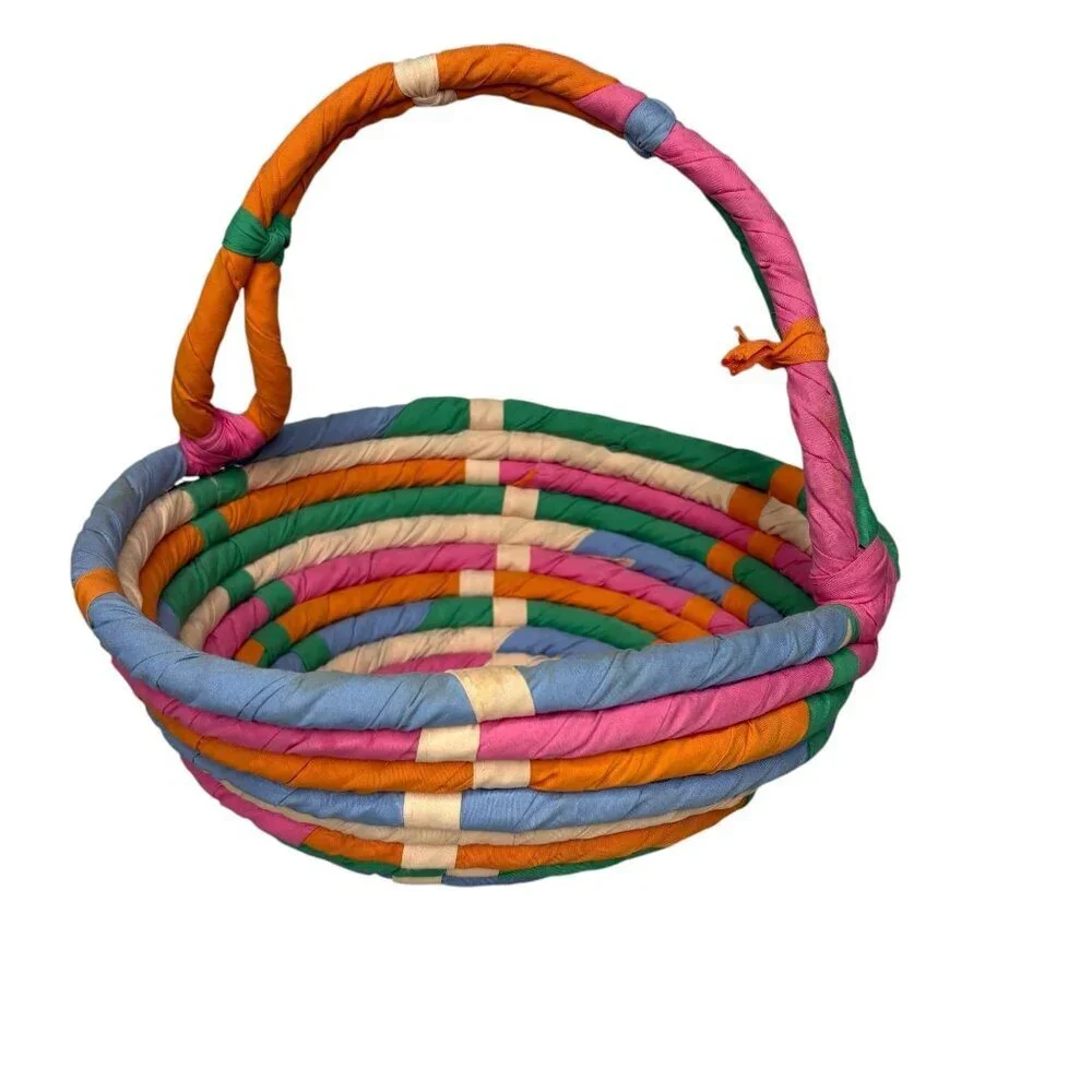 Vintage Rolled Rag Basket Cloth Woven Handmade Red Blue Orange Pink
